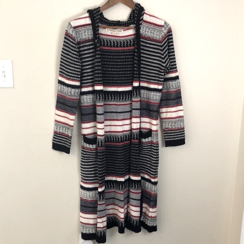 California Gypsy longline knit hoodie sweater boho pink black white stripes SZ M